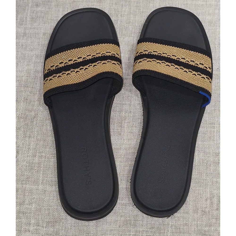Rothy's The Slide Sandals Black Gold Metallic Stripe Knit Slip On Womens 10.5